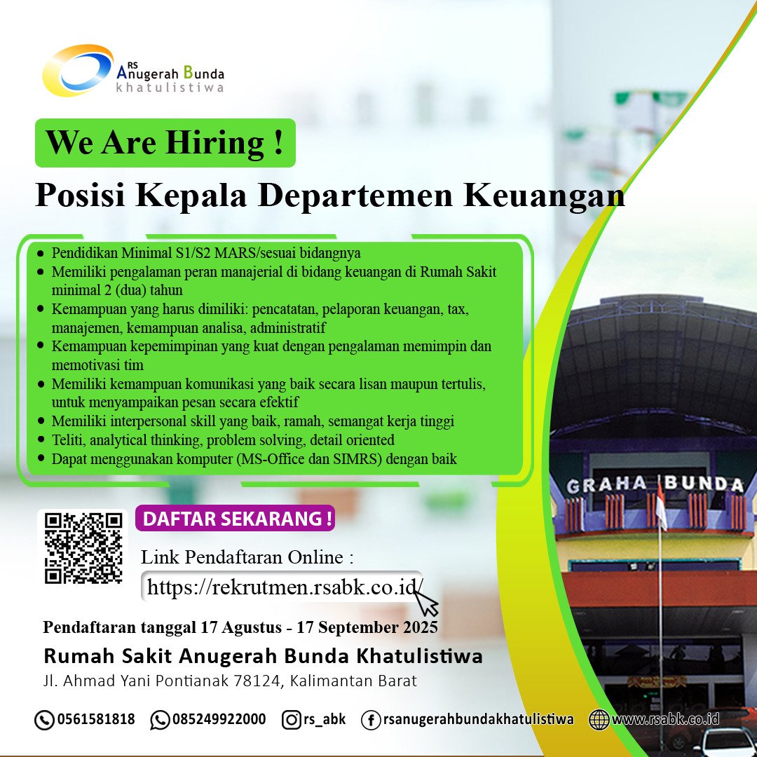 Lowongan Kerja Posisi Kepala Departemen Keuangan