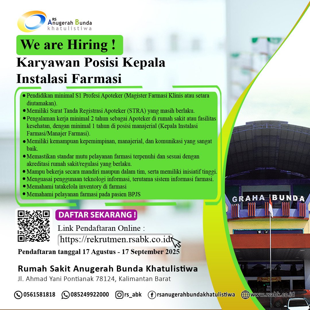 Lowongan Karyawan Posisi Kepala Instalasi Farmasi