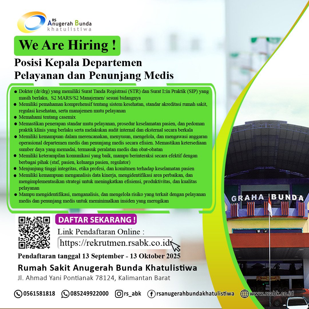 Lowongan Kerja Posisi Kepala Departemen Pelayanan dan Penunjang Medis